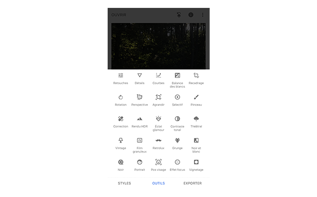 Copie d'écran - Outils dans Snapseed