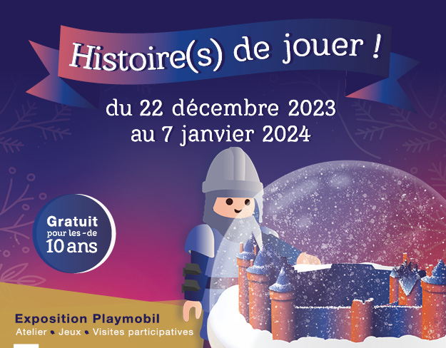 Bandeau d'illustration de l'exposition Playmobil "Histoire(s) de jouer" réalisé par le Domaine de Suscinio