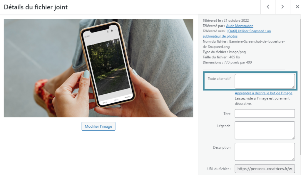 Champ à compléter pour personnaliser le texte alternatif sur WordPress