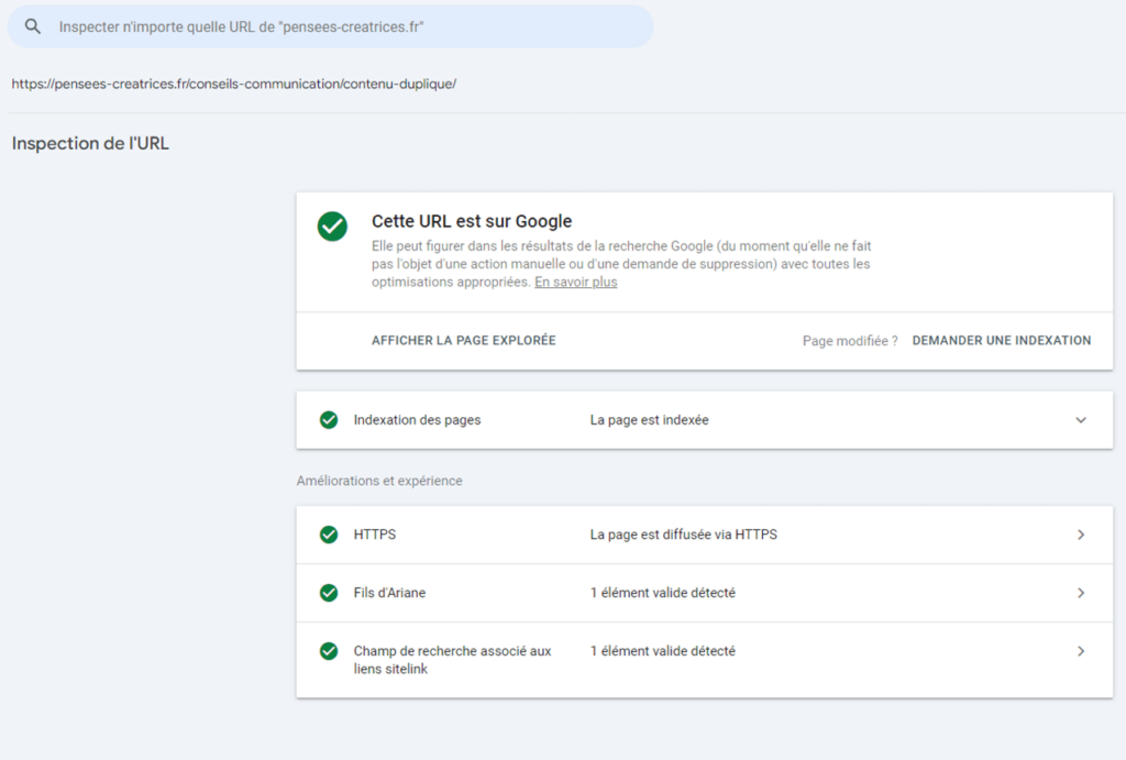 Exemple d'une inspection d'URL sur Google Search Console