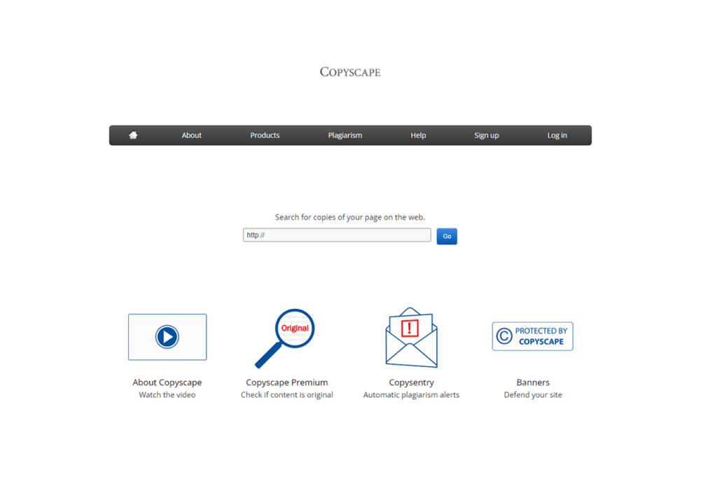 Vue de la page d'accueil de l'outil de vérification de duplication de contenus Copyscape