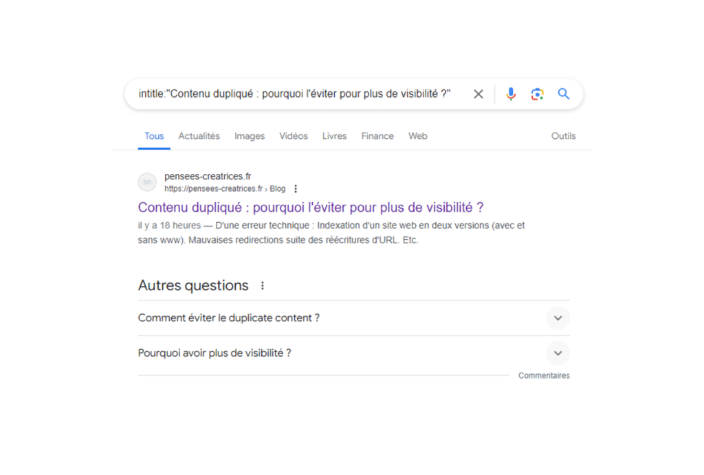 Exemple d'une recherche Intitle pour connaître indexation d'une page