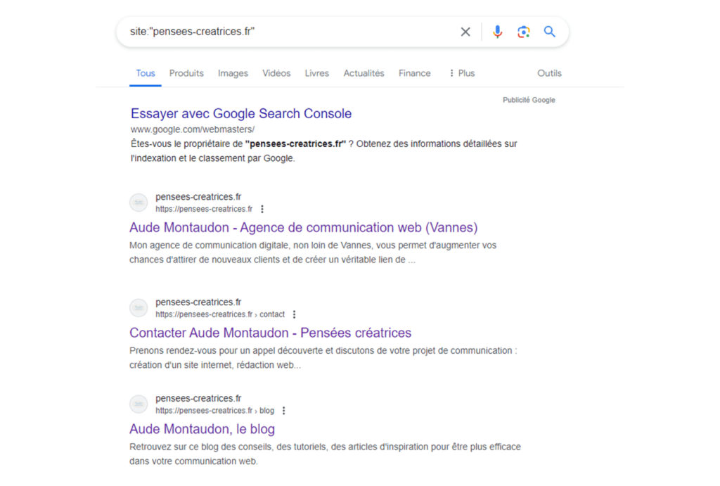 Exemple d'une recherche site pour identifier les pages indexées